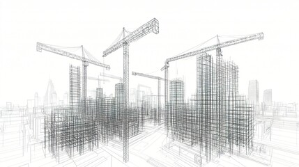 Fototapeta premium A conceptual line drawing of urban construction, featuring tall cranes, a maze of scaffolding, and partially completed structures, symbolizing architectural innovation 