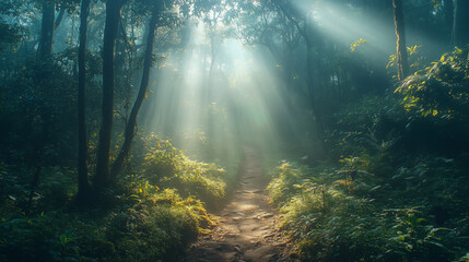 Obraz premium Enchanting sunlight filters through a misty forest path surrounded by lush greenery and vibrant plants at dawn Generative AI