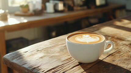 Warm cup of coffee on rustic table in a cozy cafe during morning light Generative AI