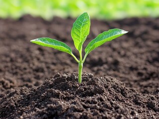Fototapeta premium Single green seedling emerging from dark rich soil in close up photography under natural light used as ecological growth symbolism and early stage life concept for environmental wallpaper