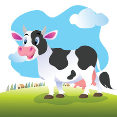 Cow, hills and meadows. Pasture fields, green grass. Horizontal rural landscape. Vector i