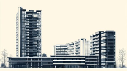 Architectural drawing of modern apartment buildings