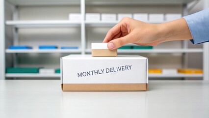 A hand deposits a card into a transparent box labeled "MONTHLY DELIVERY," surrounded by organized storage shelves.