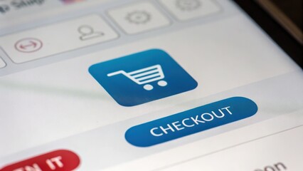 Digital shopping interface showing a shopping cart icon and a checkout button on a mobile device screen.