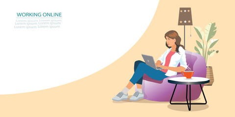 A girl working online on her computer chat with clients start up sitting in a big baggy lounge chair wearing casual style clothes isolated yellow background. vector,