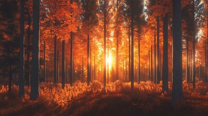 Fototapeta premium Sunset in autumn forest with orange foliage.