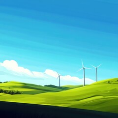 Obraz premium Renewable energy wind turbines on green rolling hills under blue sky