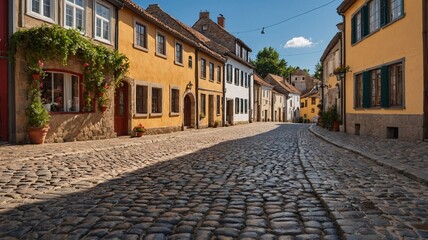 Fototapeta premium Charming cobblestone street lined with colorful houses and greenery in a quaint village.