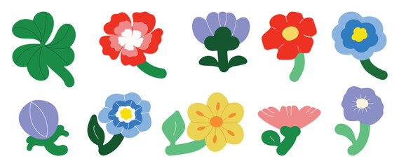 Collection of spring colorful flower elements vector. Set floral of wildflower, leaf branch, foliage on white background. Hand drawn blossom illustration for decor, easter, thanksgiving, clipart.