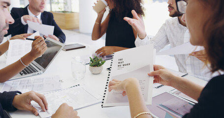 Team, business people and hands with document for coaching, about us and company values. Meeting, paperwork and training with manager for vision, guide or mission with strategy discussion in office