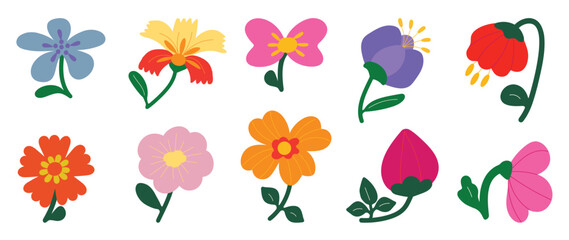 Collection of spring colorful flower elements vector. Set floral of wildflower, leaf branch, foliage on white background. Hand drawn blossom illustration for decor, easter, thanksgiving, clipart.