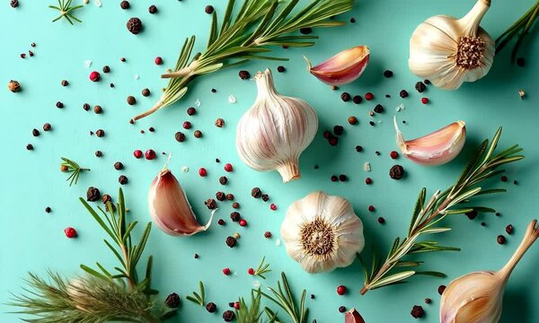 Garlic Rosemary and Pepper Assortment on Turquoise Surface Aromatic Culinary Herbs and Spices