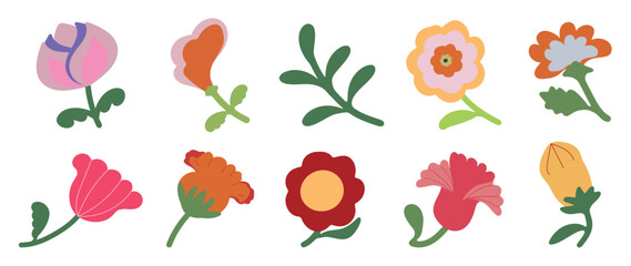 Collection of spring colorful flower elements vector. Set floral of wildflower, leaf branch, foliage on white background. Hand drawn blossom illustration for decor, easter, thanksgiving, clipart.