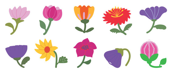 Collection of spring colorful flower elements vector. Set floral of wildflower, leaf branch, foliage on white background. Hand drawn blossom illustration for decor, easter, thanksgiving, clipart.
