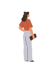 Woman standing with a clutch bag in her hand. Wearing light pants and a red shirt. Ideal for lifestyle fashion female figurative simple elegance retro modernist or casual looks
