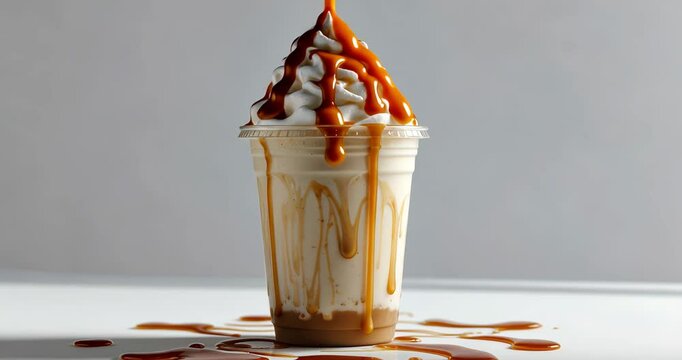 Latte frappe iced with caramel and topped with whipped cream