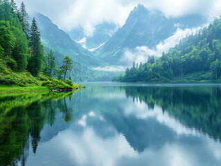Emerald Lake Reflection: A serene lake mirroring the majestic peaks of a mountainous landscape, enveloped by lush, vibrant greenery and wisps of atmospheric clouds.