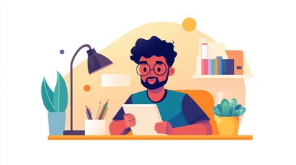 A man is sitting at a desk with a tablet and a notebook