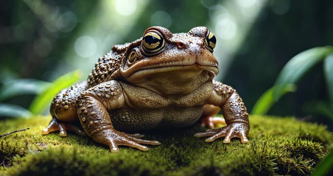 Cane toad, large frog. Close-up portrait of a big amphibian in its natural habitat. Animal in the tropical forest. Wildlife imagery from nature.