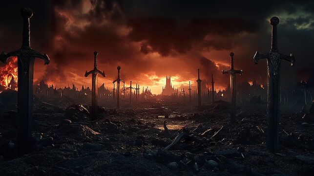 A desolate battlefield strewn with broken swords and bones, a darkened sky lit by distant flames ominous silhouettes in the distance.  