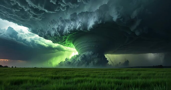 A significant tornadic mesocyclone supercell inflow, exhibiting a green hue from hail, draws in energy as it starts to evolve into a tornado.