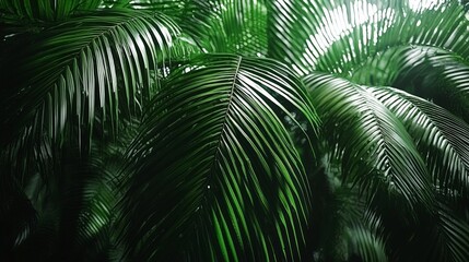 Close up of vibrant green palm leaf with strong light direction and shadow interaction representing tropical freshness energy and bold botanical geometry in natural minimalist composition