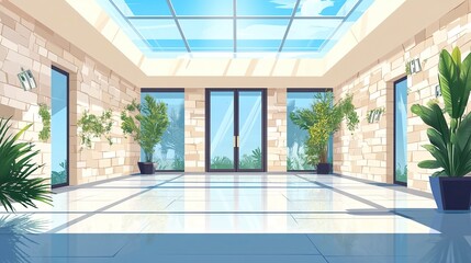 Fototapeta premium A detailed clipart of a modern financial institution, featuring polished stone walls and a skylight roof, with cash symbols subtly included, on white. 