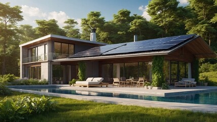 Modern eco-friendly house with solar panels surrounded by lush greenery.