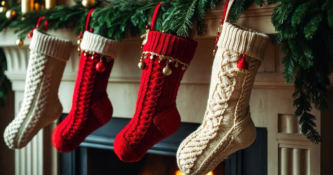 Christmas stockings displayed by the fireplace in the house.