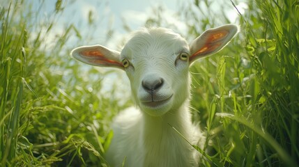 Obraz premium White baby goat, kid, looks directly at the viewer, surrounded by vibrant green grass. Perfect for illustrating farm life, springtime, or animal themes in your project.