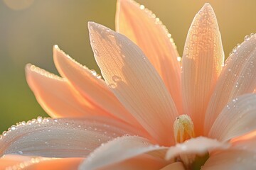 Fototapeta premium The soft petals of a wildflower, with morning dew resting on each one. The warm sunlight highlights the gentle curves of the petals and the delicate pistil at the center.