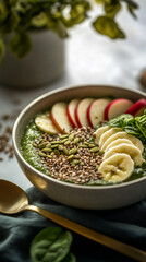 Healthy green smoothie bowl with banana, apple, and seeds