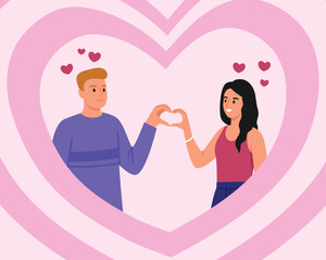 Vector illustration of a background for Valentine's Day with a couple in love.Cartoon scenes of lovers,happy guy and girl fold hands in the shape of a heart,hearts around isolated on white background.