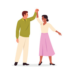 Vector illustration of a smiling dancing couple. Cartoon scene of a light-skinned guy in a shirt, pants and a dark-skinned girl in a T-shirt, skirt, dancing,holding hands isolated on white background.