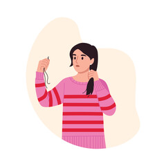 Vector illustration of a girl faced with the problem of hair loss. Cartoon scene of a surprised girl in a striped sweater, holding her fallen hair isolated on white background. Excessive hair loss.