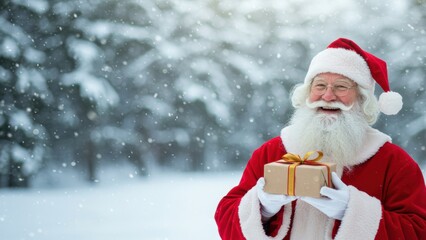 Smiling older Caucasian man in Santa Claus costume, holds gift box outside during snowfall, Holiday cheer, gift-giving, winter season, and festive mood are present,