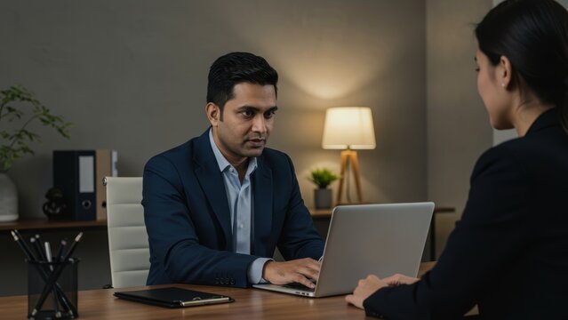 Indoor scene shows East Indian man using a laptop at a wooden desk, Woman across, both in business attire, Soft lighting, professional vibe, Portrays communication,