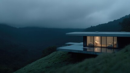 Modern house perched on a hilltop overlooking a misty valley at twilight.  Tranquil, minimalist design with large windows and a reflecting pool