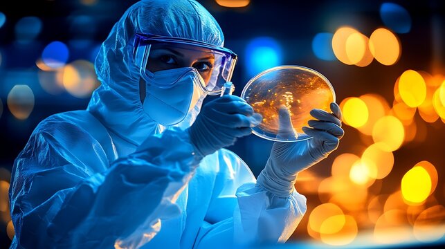 Scientist examining petri dish in lab.