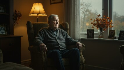 Fototapeta premium Elderly Caucasian man sits in an armchair by a window, thoughtfully gazing outward; somber light, nostalgic atmosphere, evokes reflection and introspection, Family photos are present,