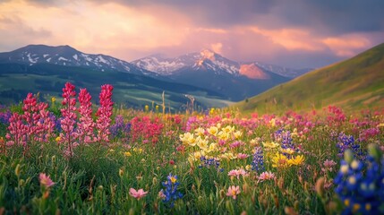 Fototapeta premium A field of flowers with a mountain in the background