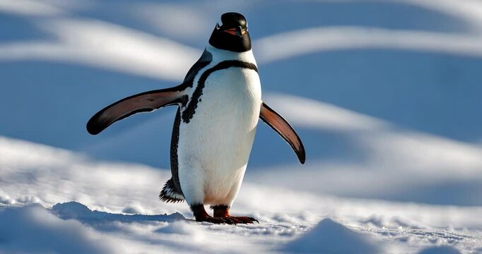 Close-up portrait of a single penguin strolling in the snow with one foot lifted, wings extended, facing the camera with its beak in profile against a white backdrop.