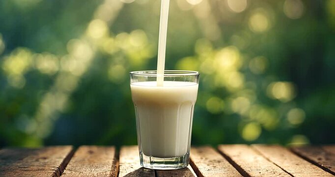 A wooden table with a glass of milk set against a garden backdrop.