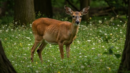 Alert young deer stands in a forest meadow surrounded by wildflowers, looking toward the camera, Soft light, natural setting, Themes include wildlife, conservation,