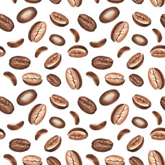Roasted coffee beans. Seamless pattern. Watercolor hand drawn illustration. Arabica and Robusta sort Ingredient for aromatic invigorating drink. Template for food design, wallpaper, textile, packaging