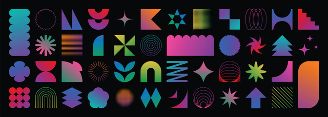 Obraz premium Set of abstract gradient geometric shapes vector. Collection of contemporary figure, flower, circle, sparkle, pixel, halftone, line. Design element perfect for banner, prints, stickers, decor.