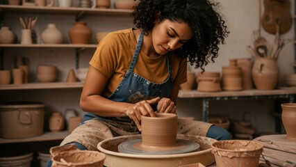 Curly haired Hispanic young adult woman in denim apron makes pottery on a wheel in studio, Focused warm-toned artistic photo portrays creative craft, hobby,