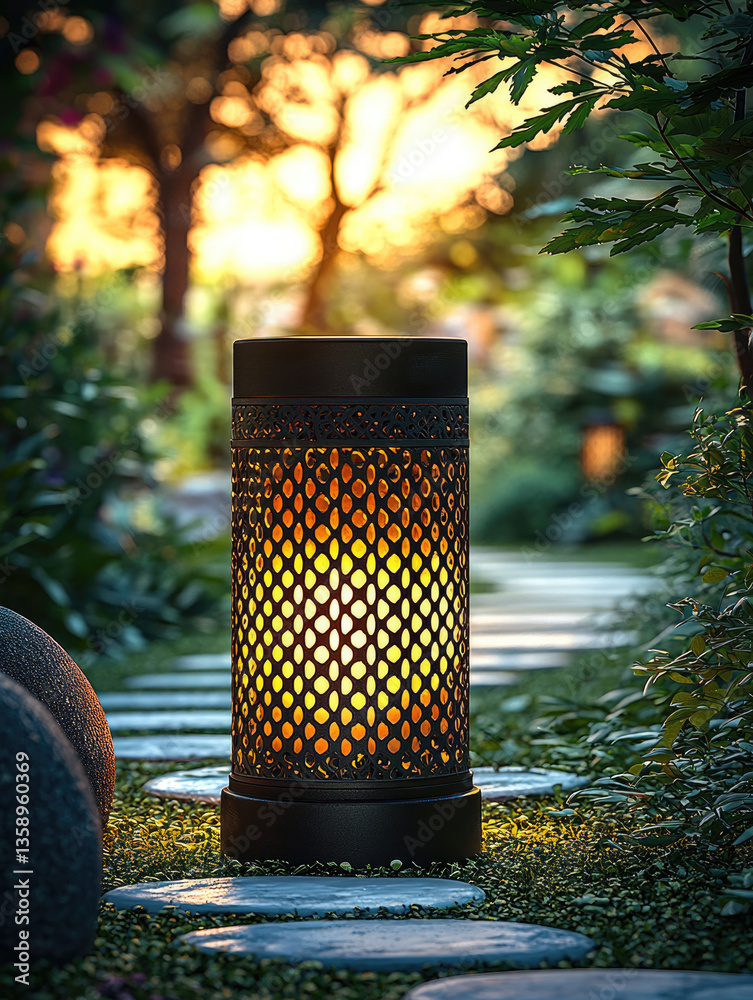 Poster beautifully designed garden lantern illuminates serene pathway, casting warm glow amidst lush greene