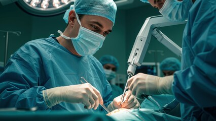 In surgery, a Caucasian surgeon in blue scrubs uses surgical instruments alongside a robotic arm, Medical team members assist with patient care, Robotic surgery, healthcare,