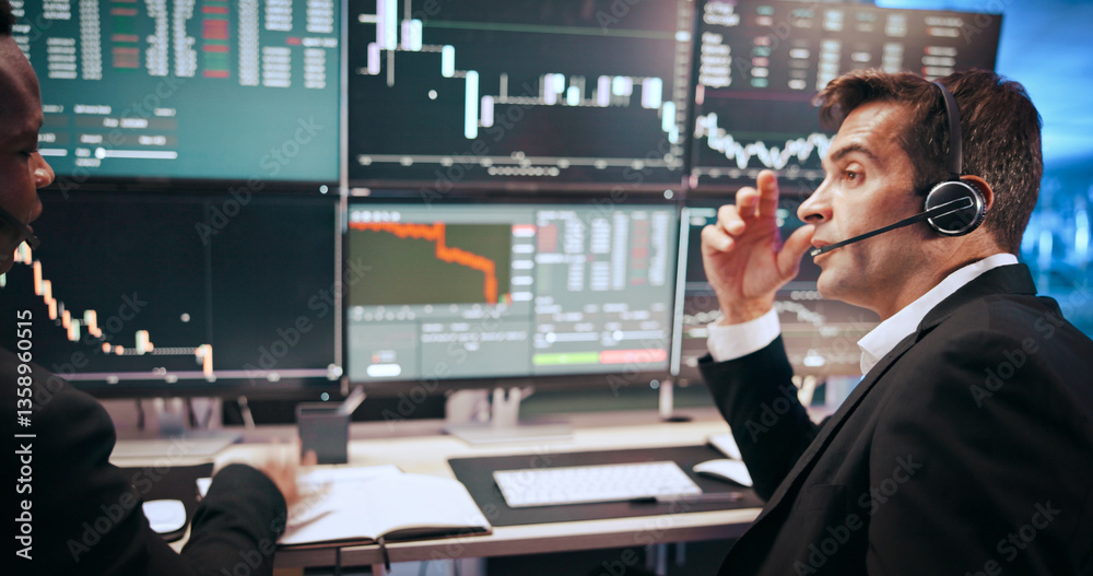 Aufkleber men, headset and graphs for stock market, talking or computer screen for consulting at investment ag
